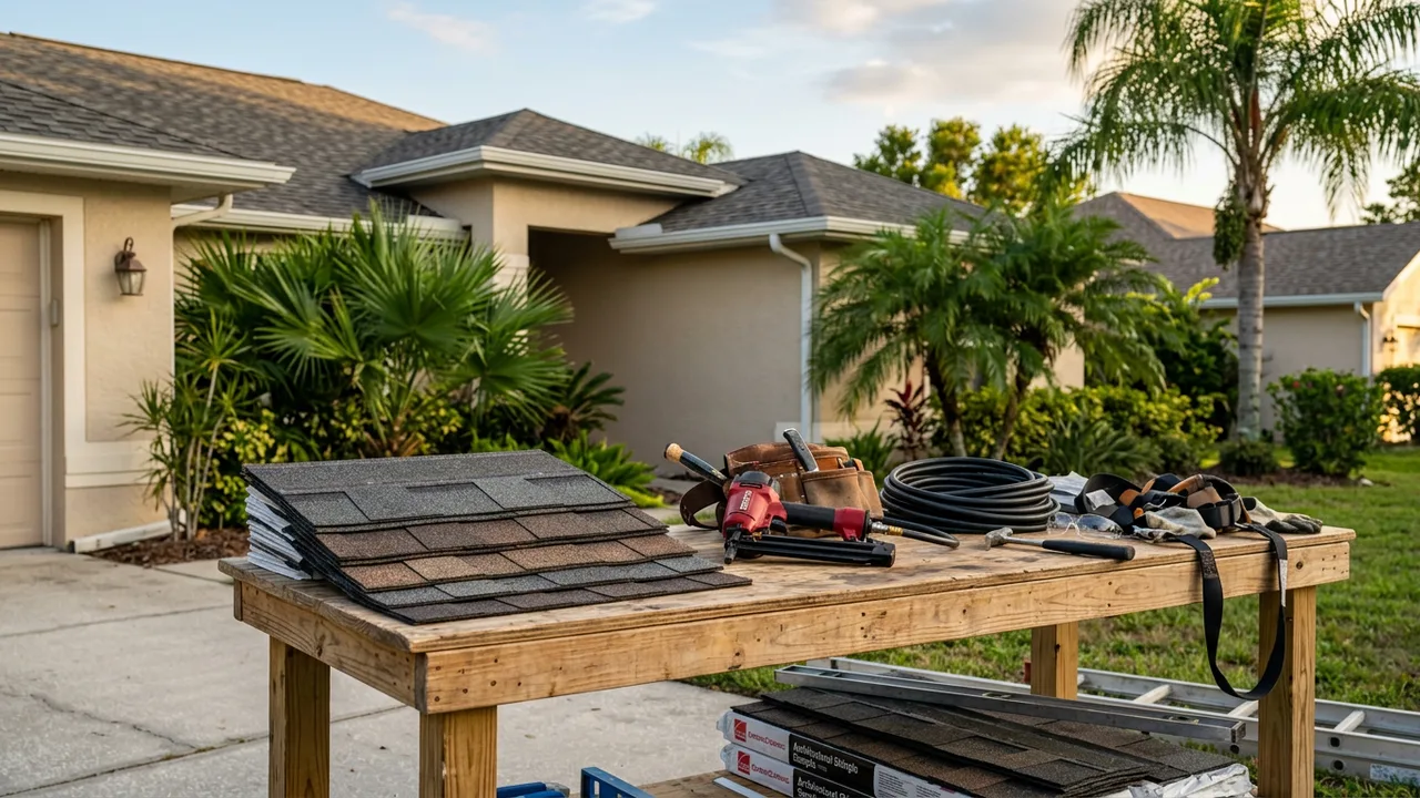 Tampa roofing planning desk with roof inspection notes