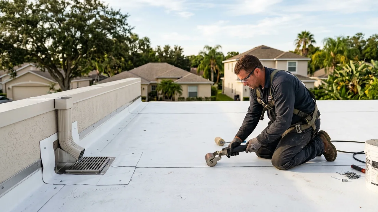 flat roof membrane inspection on a Tampa property