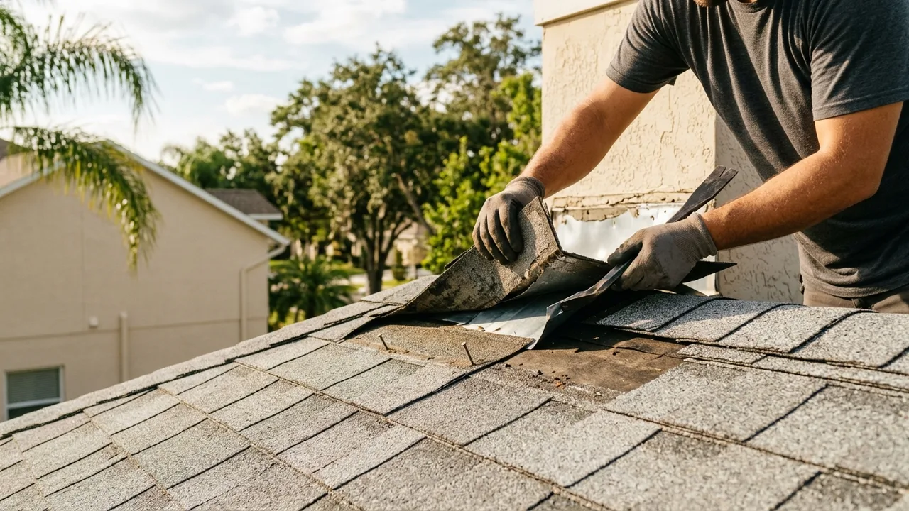 Roofer lifting a shingle to repair flashing on a Tampa roof